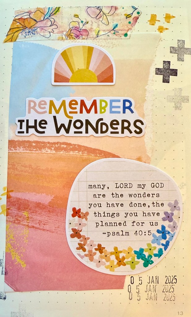 A paint background with the words Remember The Wonders and the verse Psalm 40:5.